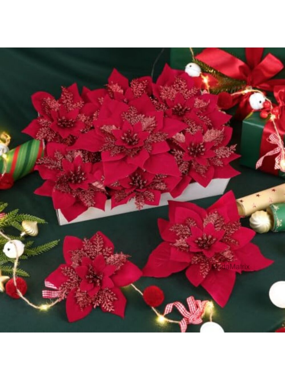 24Pc Artificial Poinsettia Christmas Flowers Clips Stems Holiday Decor